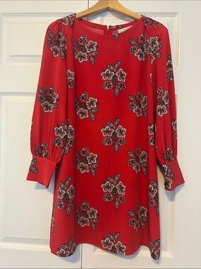 LOFT Red Floral Long Sleeve Shift Dress